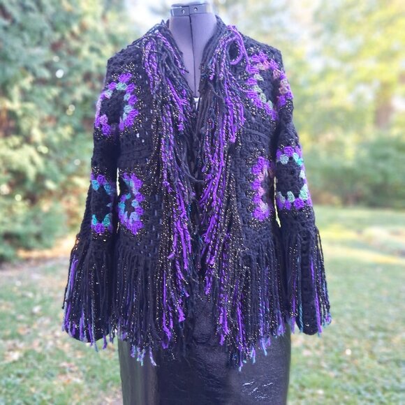 Granny Square Super Fringe Black Purple Greens L/XL - Picture 6 of 12